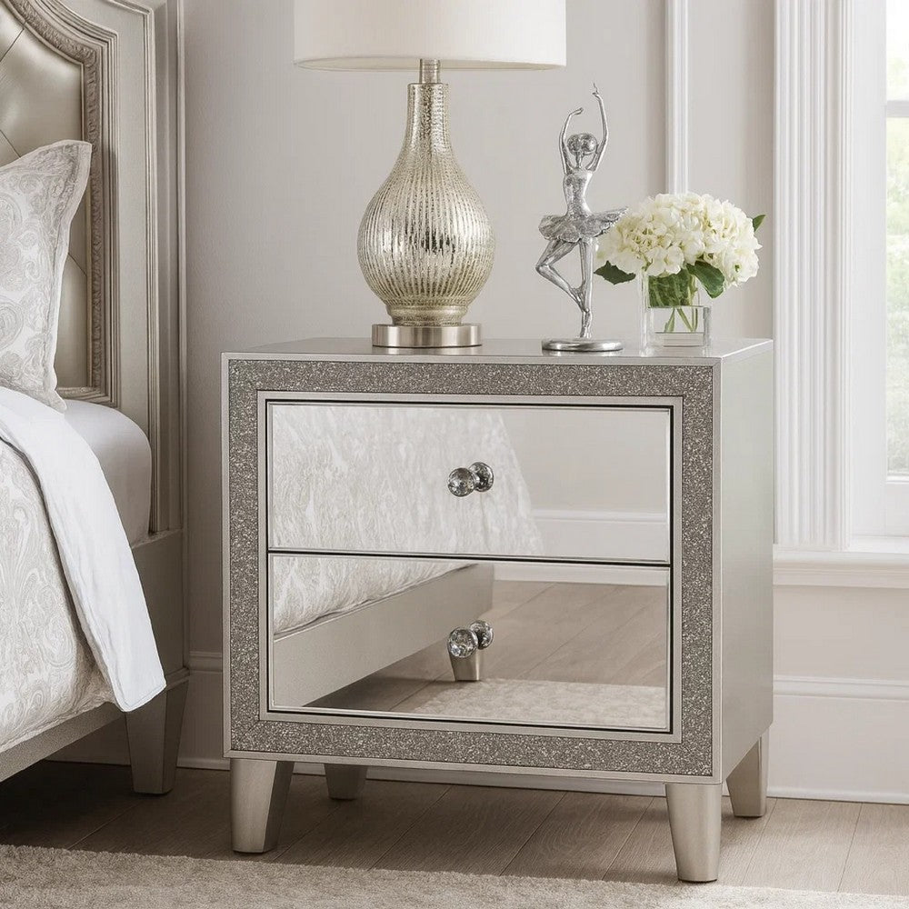 Nightstand with Mirrored Front 2 Drawers, Champagne Silver - BM251144