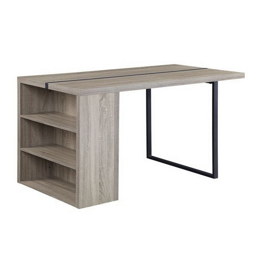 Dining Table with 3 Side Open Compartments and Metal Trim Inlay, Oak Gray - BM251154