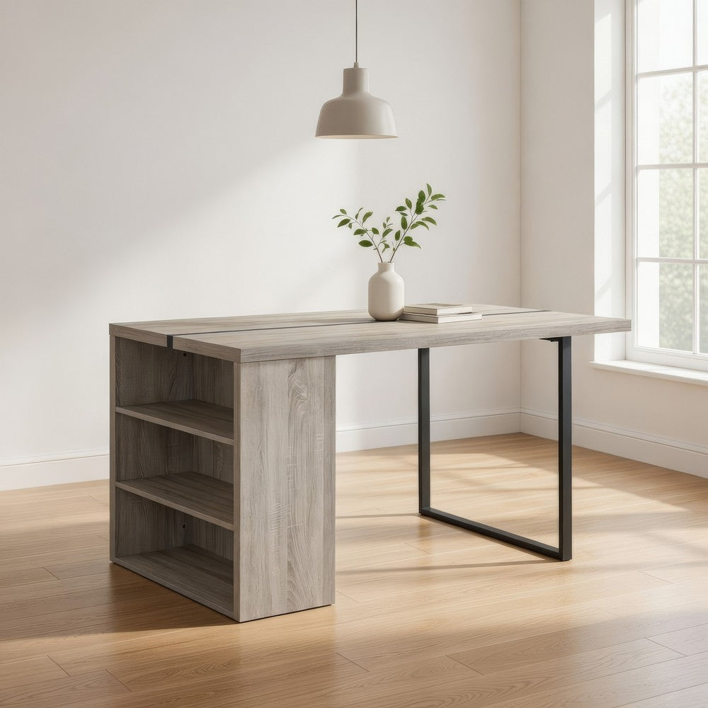Dining Table with 3 Side Open Compartments and Metal Trim Inlay, Oak Gray - BM251154