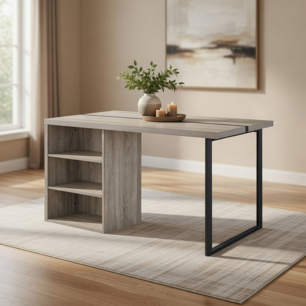 Dining Table with 3 Side Open Compartments and Metal Trim Inlay, Oak Gray - BM251154
