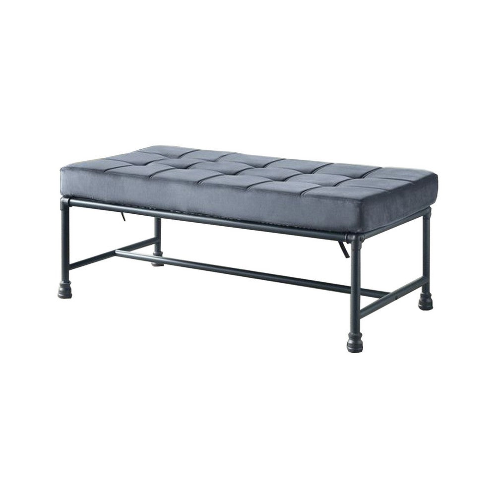 Bench with Button Tufted Seat and Pipe Style Metal Frame, Gray - BM251157
