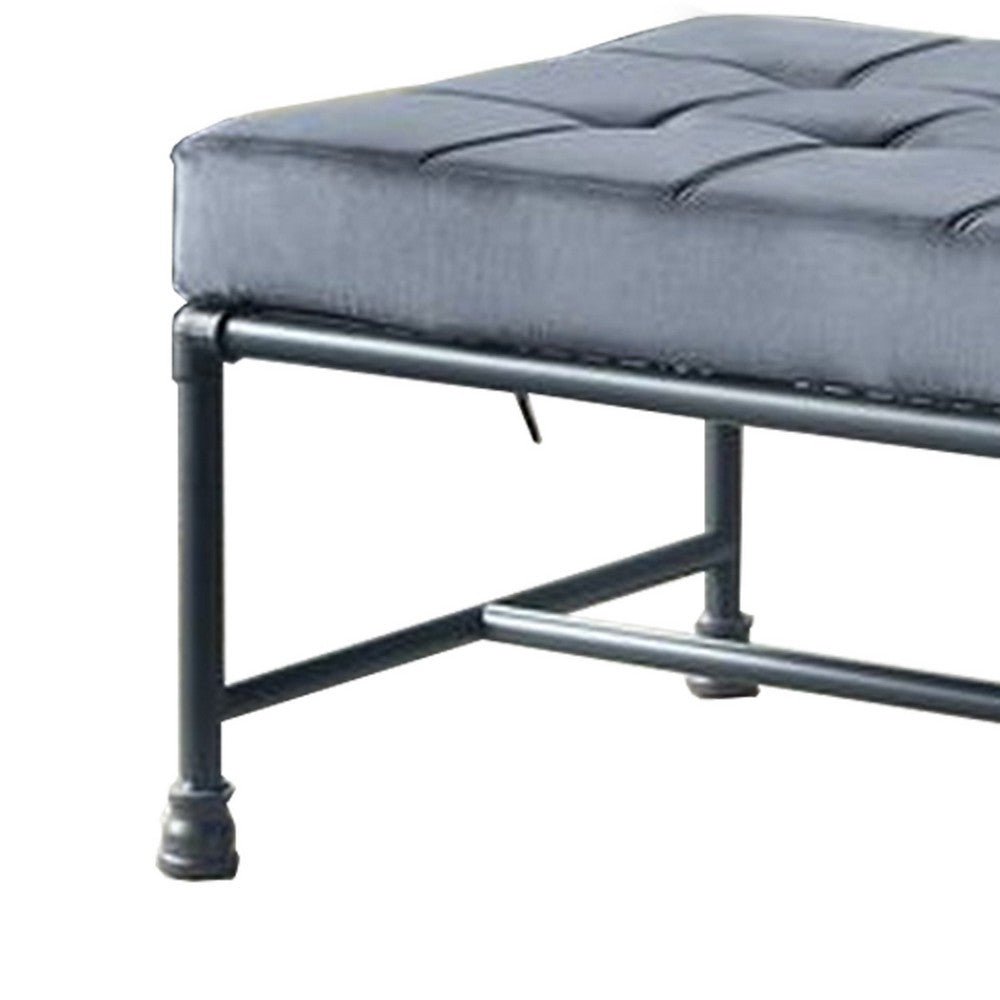 Bench with Button Tufted Seat and Pipe Style Metal Frame, Gray - BM251157