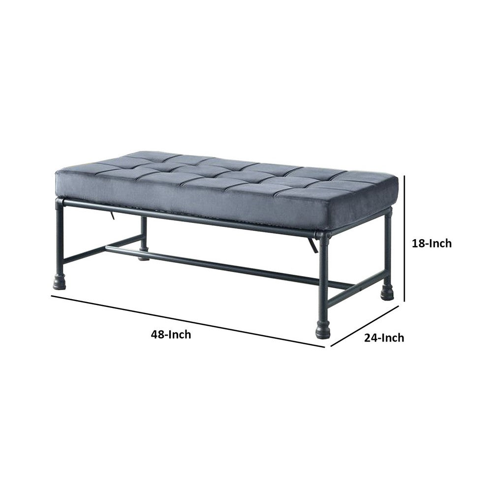 Bench with Button Tufted Seat and Pipe Style Metal Frame, Gray - BM251157