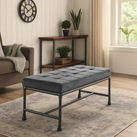 Bench with Button Tufted Seat and Pipe Style Metal Frame, Gray - BM251157