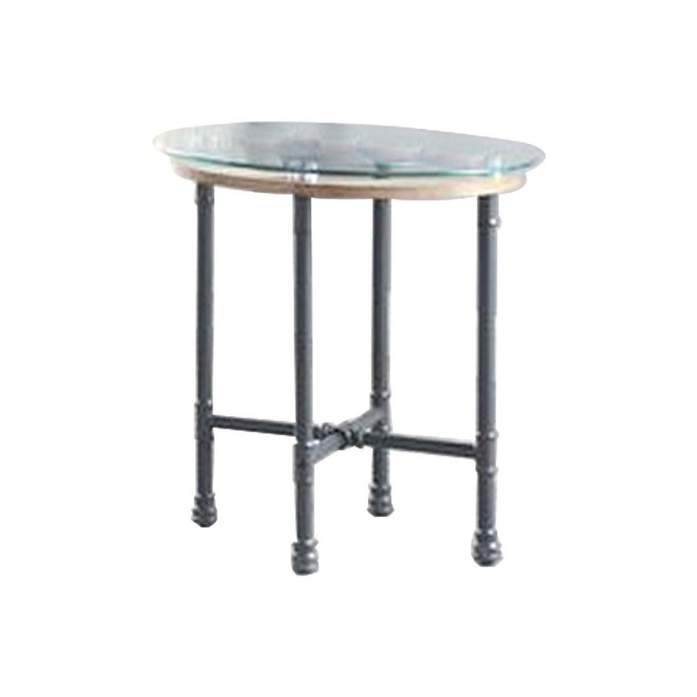 End Table with Round Glass Top and Metal Pipe Style Legs, Gray - BM251158