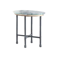 End Table with Round Glass Top and Metal Pipe Style Legs, Gray - BM251158