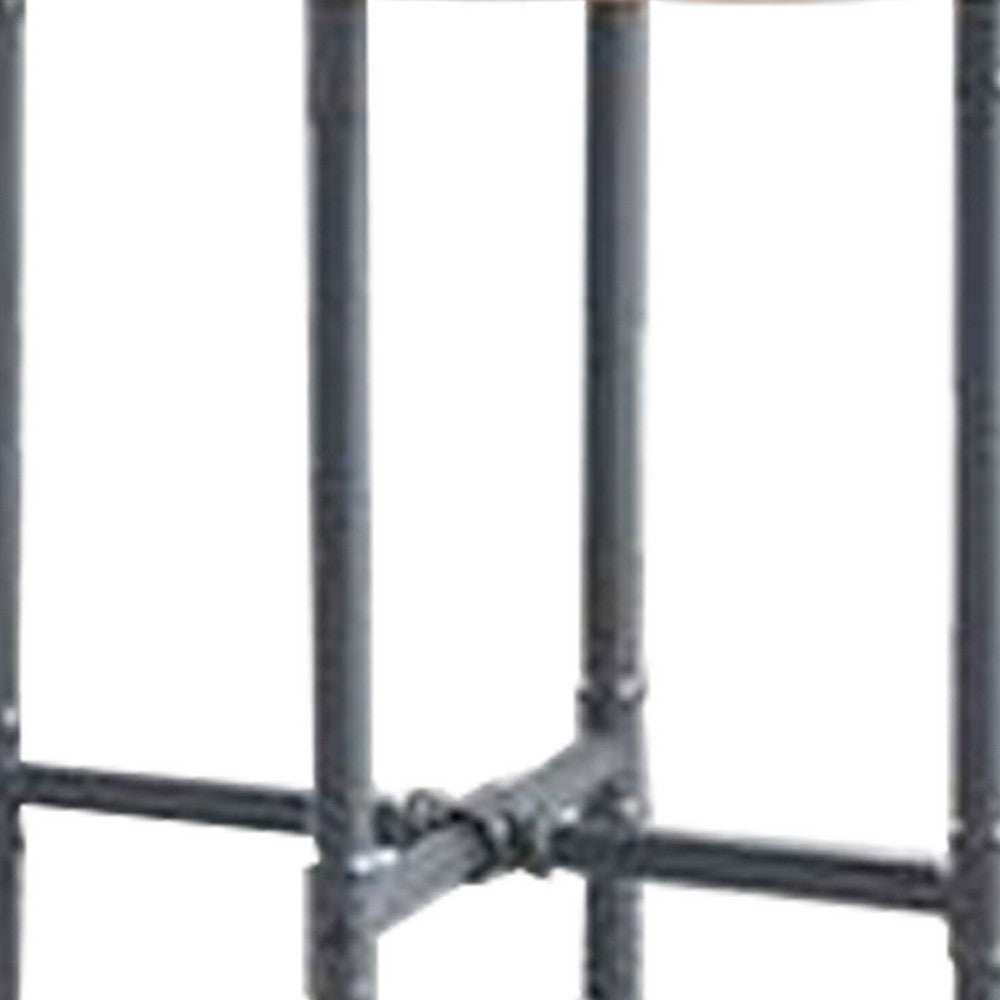 End Table with Round Glass Top and Metal Pipe Style Legs, Gray - BM251158