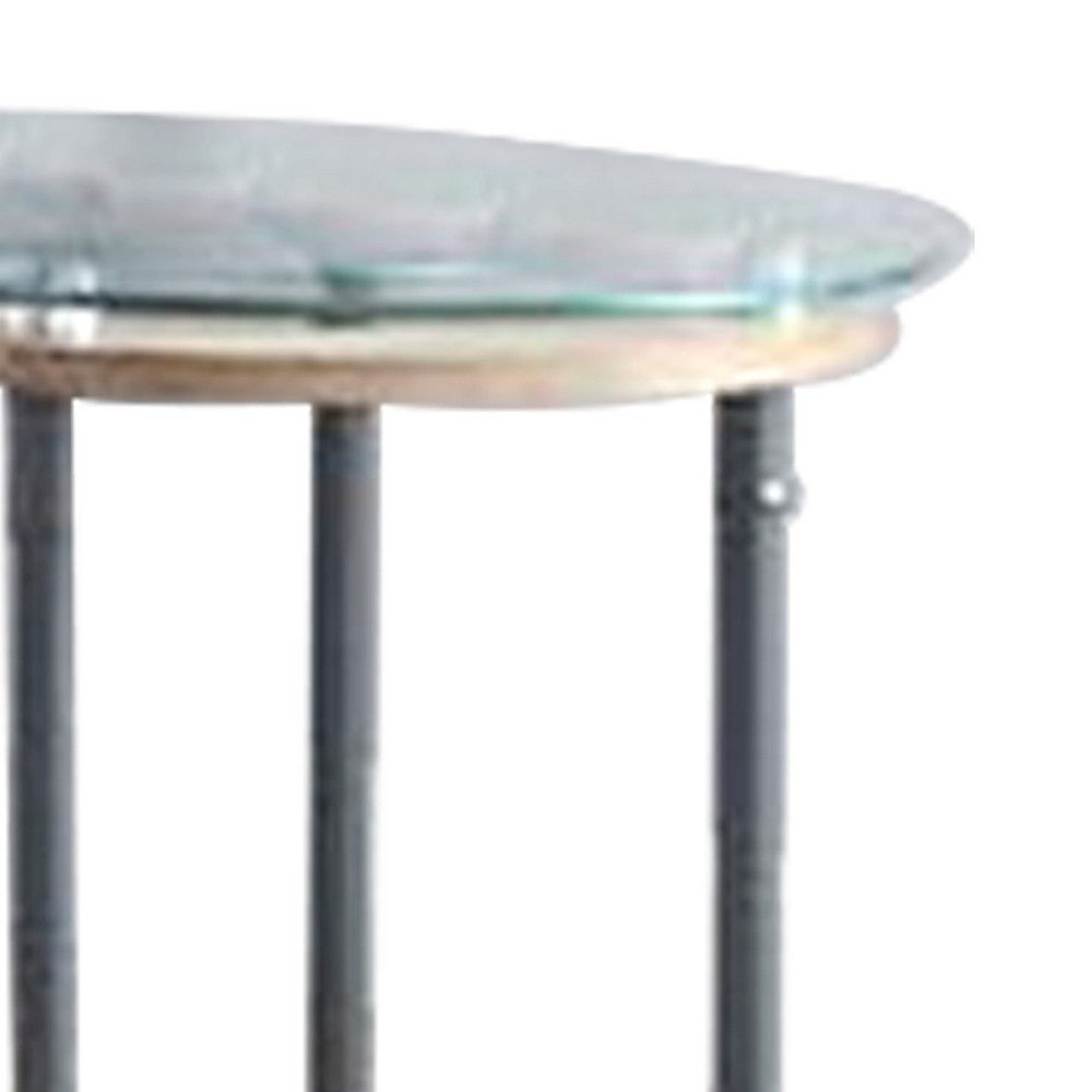 End Table with Round Glass Top and Metal Pipe Style Legs, Gray - BM251158