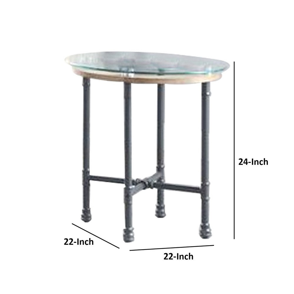 End Table with Round Glass Top and Metal Pipe Style Legs, Gray - BM251158
