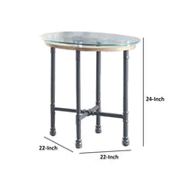 End Table with Round Glass Top and Metal Pipe Style Legs, Gray - BM251158