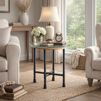 End Table with Round Glass Top and Metal Pipe Style Legs, Gray - BM251158