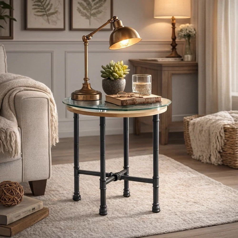 End Table with Round Glass Top and Metal Pipe Style Legs, Gray - BM251158