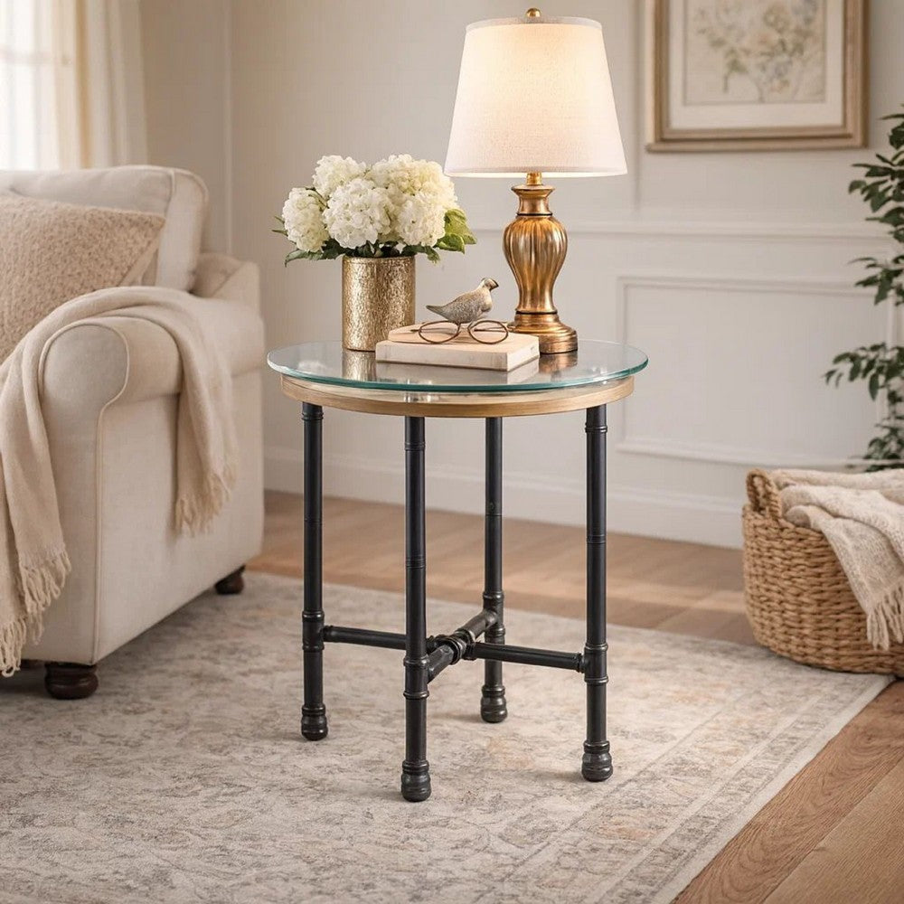 End Table with Round Glass Top and Metal Pipe Style Legs, Gray - BM251158