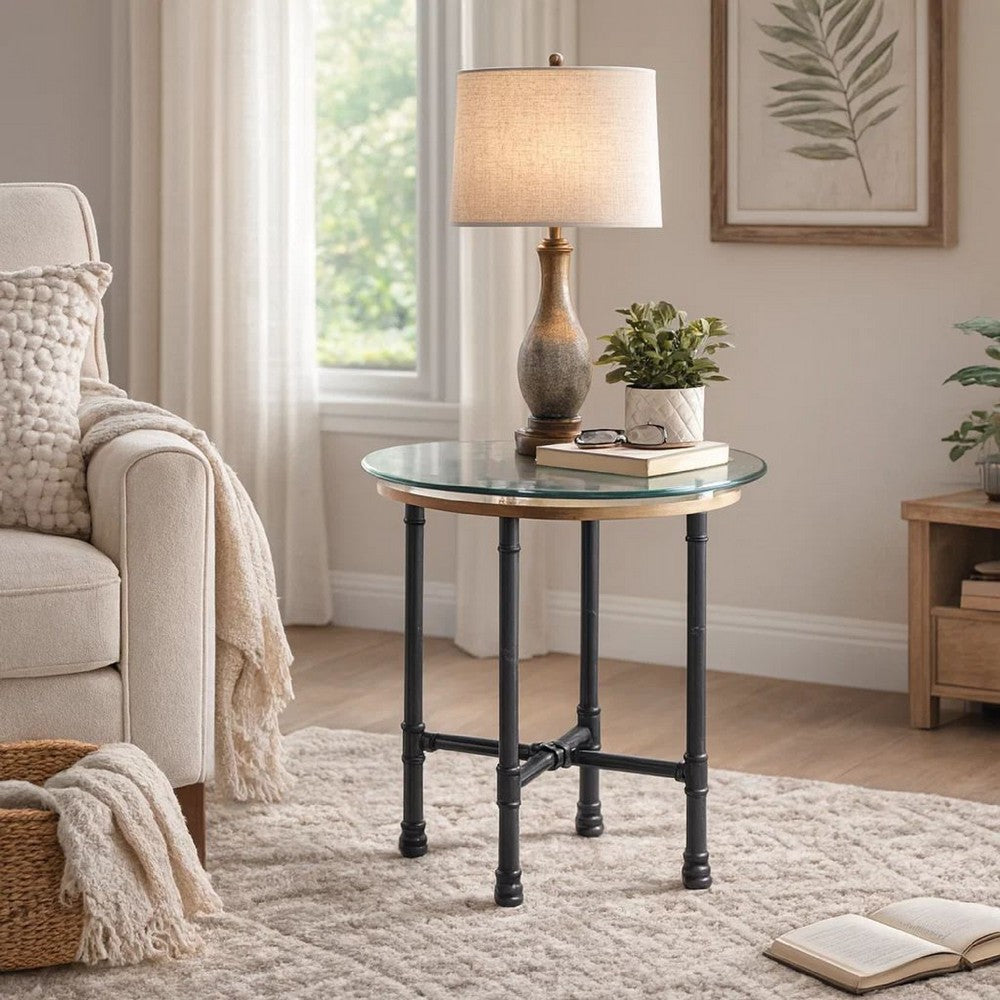 End Table with Round Glass Top and Metal Pipe Style Legs, Gray - BM251158