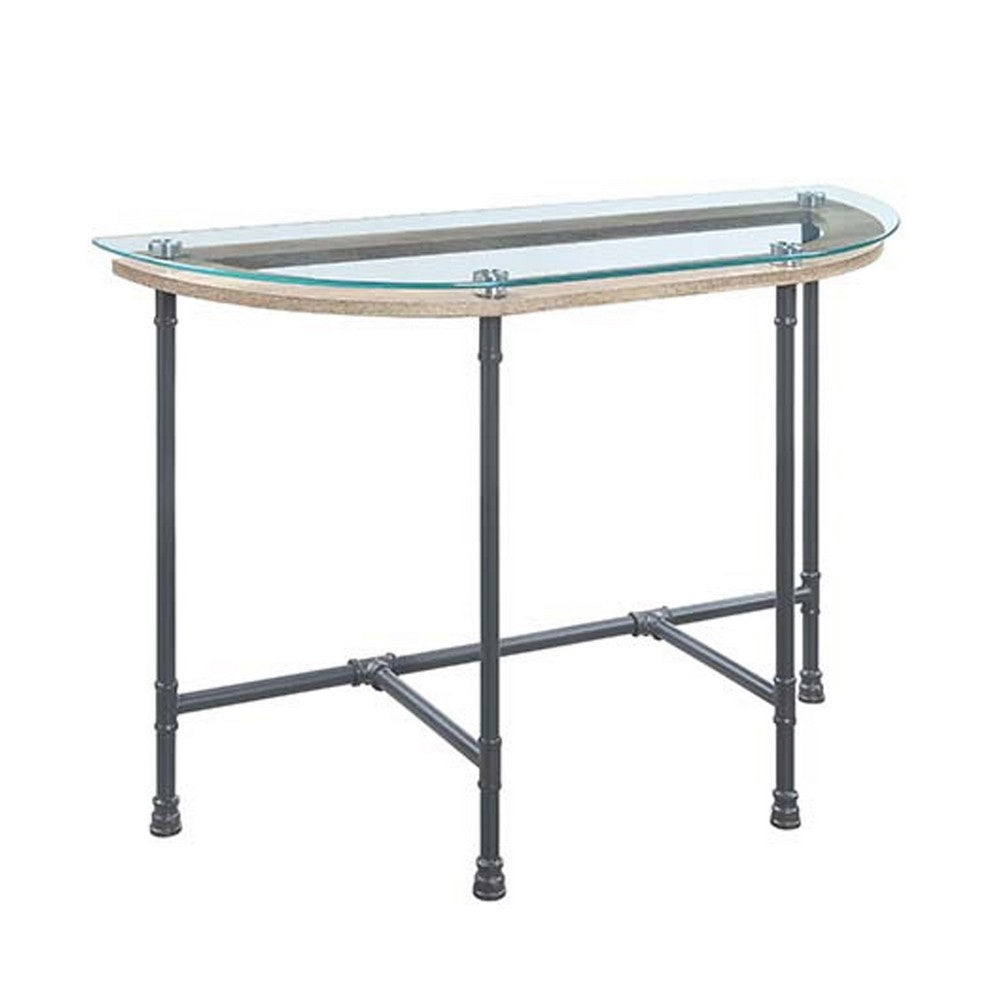 Wood Side Table, Oval Tempered Glass Top, Metal Pipe Style Legs, Clear Glass, Sandy Gray - BM251159