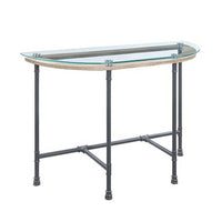 Wood Side Table, Oval Tempered Glass Top, Metal Pipe Style Legs, Clear Glass, Sandy Gray - BM251159