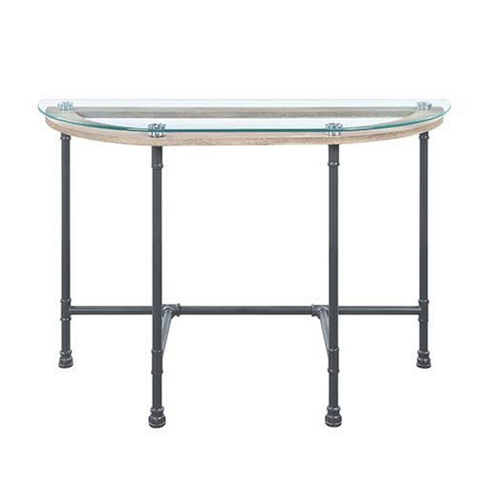 Wood Side Table, Oval Tempered Glass Top, Metal Pipe Style Legs, Clear Glass, Sandy Gray - BM251159