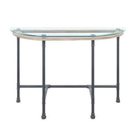 Wood Side Table, Oval Tempered Glass Top, Metal Pipe Style Legs, Clear Glass, Sandy Gray - BM251159