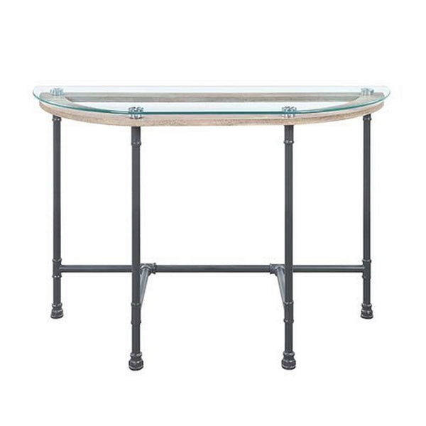 Wood Side Table, Oval Tempered Glass Top, Metal Pipe Style Legs, Clear Glass, Sandy Gray - BM251159