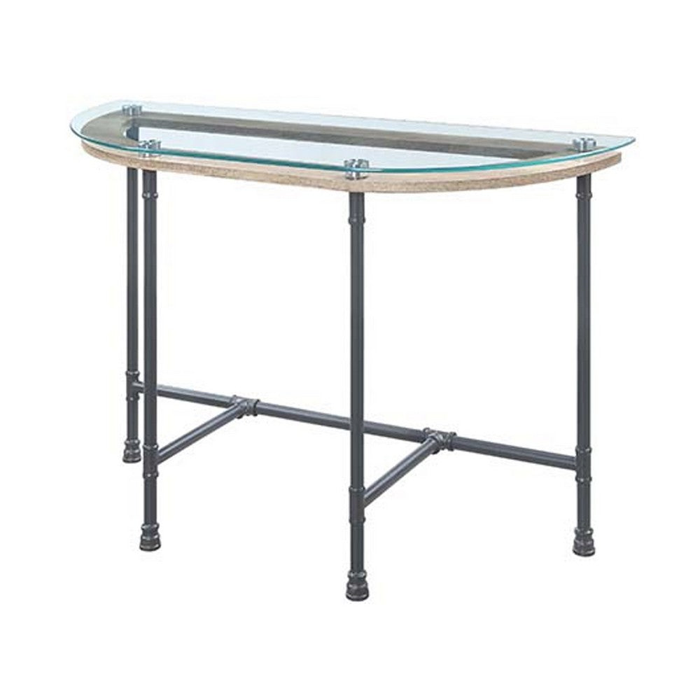 Wood Side Table, Oval Tempered Glass Top, Metal Pipe Style Legs, Clear Glass, Sandy Gray - BM251159