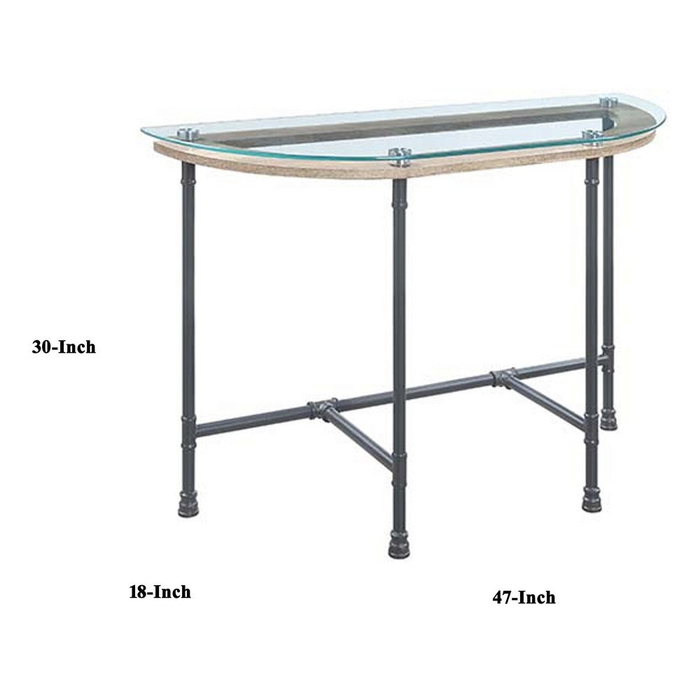 Wood Side Table, Oval Tempered Glass Top, Metal Pipe Style Legs, Clear Glass, Sandy Gray - BM251159