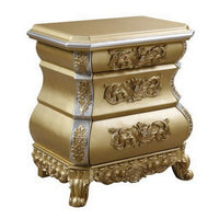 Nightstand with Bombe Shaped and 3 Carved Drawers, Gold - BM251161