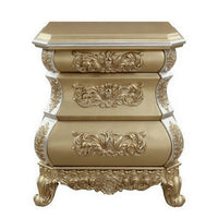 Nightstand with Bombe Shaped and 3 Carved Drawers, Gold - BM251161