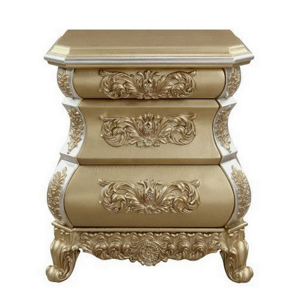 Nightstand with Bombe Shaped and 3 Carved Drawers, Gold - BM251161