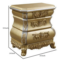 Nightstand with Bombe Shaped and 3 Carved Drawers, Gold - BM251161