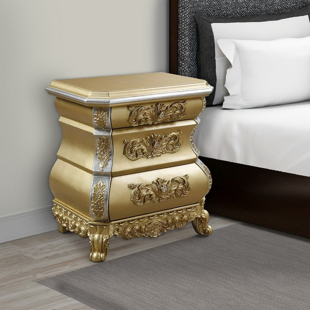 Nightstand with Bombe Shaped and 3 Carved Drawers, Gold - BM251161