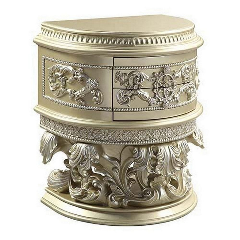 Nightstand with Scrolled Carvings and Half Moon Shape, Champagne Silver - BM251164