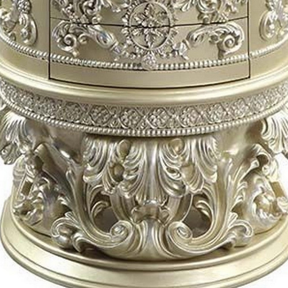Nightstand with Scrolled Carvings and Half Moon Shape, Champagne Silver - BM251164