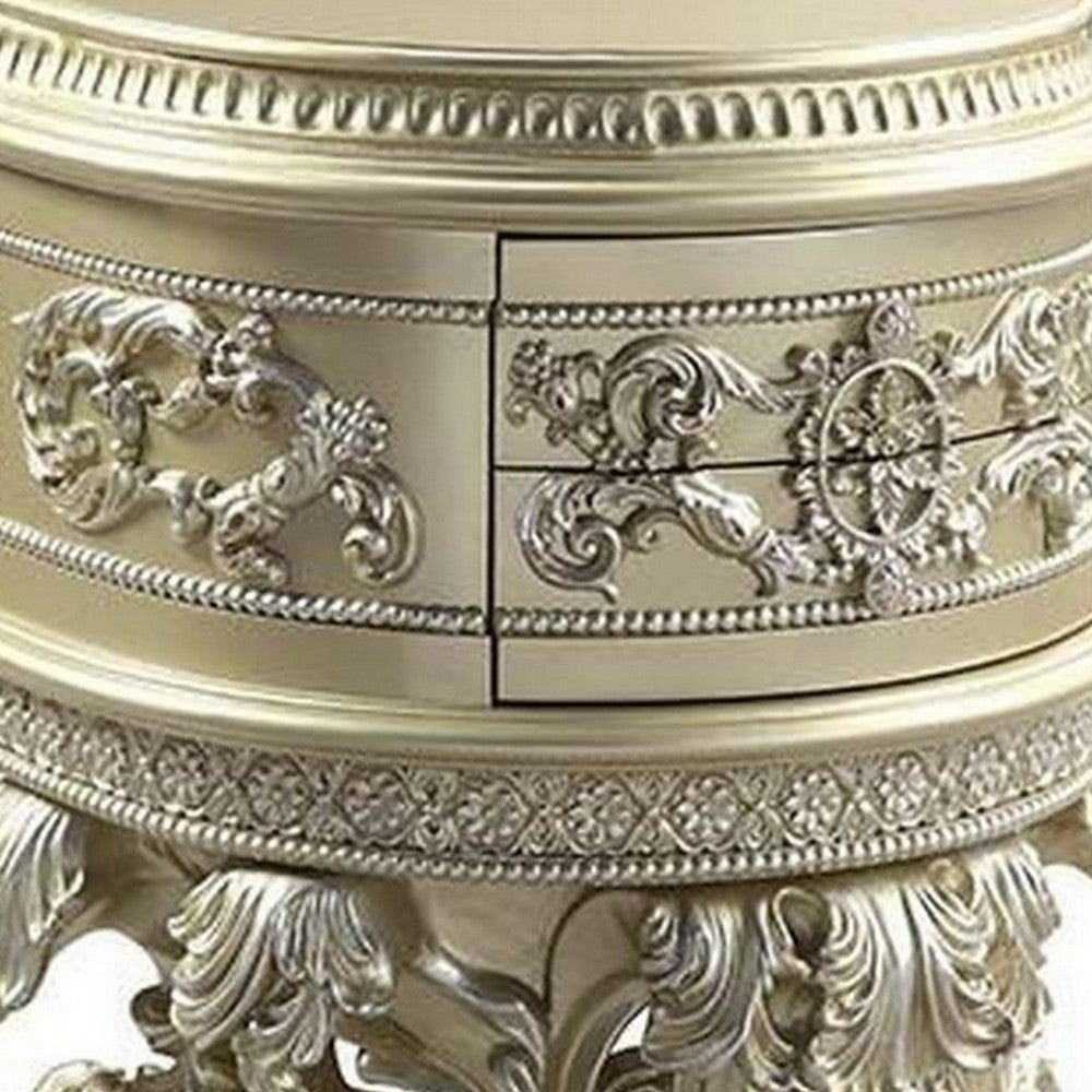 Nightstand with Scrolled Carvings and Half Moon Shape, Champagne Silver - BM251164