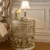 Nightstand with Scrolled Carvings and Half Moon Shape, Champagne Silver - BM251164