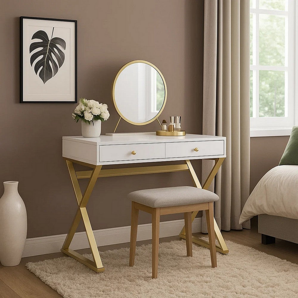Vanity Desk with Removable Mirror and Cross Metal Legs, White and Gold - BM251241