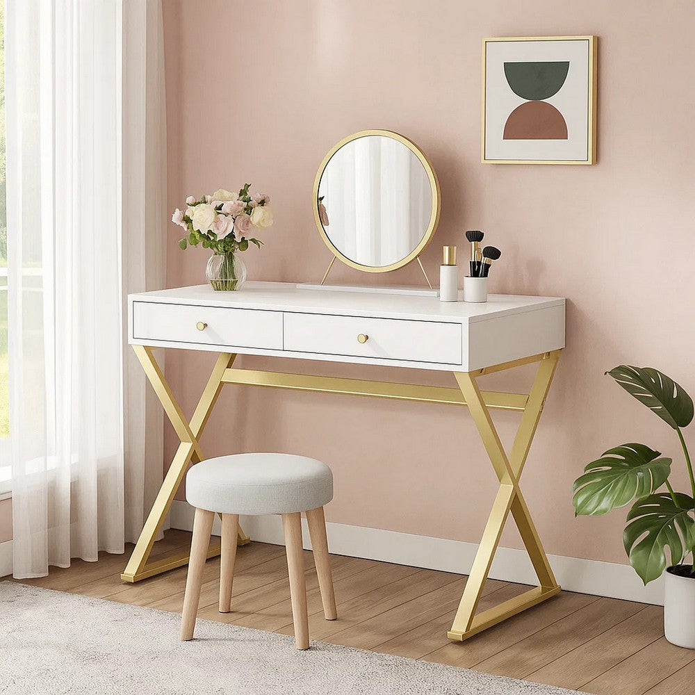 Vanity Desk with Removable Mirror and Cross Metal Legs, White and Gold - BM251241