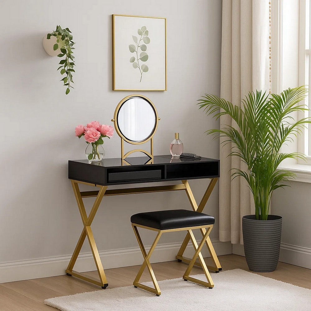 Vanity Desk with Round Mirror and Cross Metal Legs, Black and Gold - BM251243