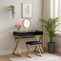 Vanity Desk with Round Mirror and Cross Metal Legs, Black and Gold - BM251243