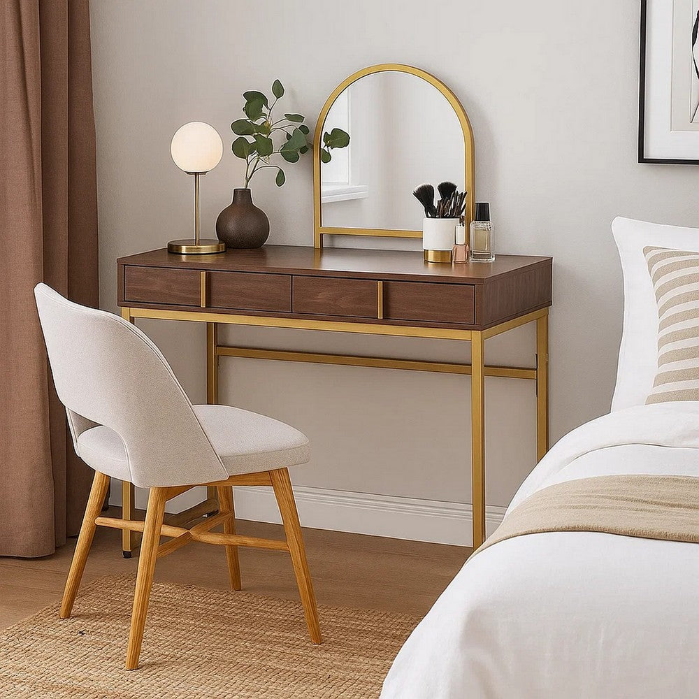 Vanity Desk with Mirror and Open Metal Frame, Brown and Gold - BM251244