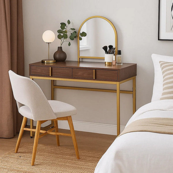 Vanity Desk with Mirror and Open Metal Frame, Brown and Gold - BM251244