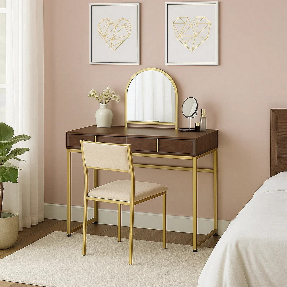 Vanity Desk with Mirror and Open Metal Frame, Brown and Gold - BM251244