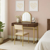 Vanity Desk with Mirror and Open Metal Frame, Brown and Gold - BM251244