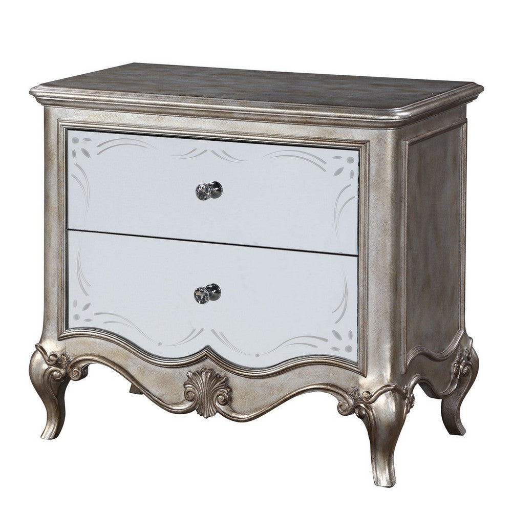 Nightstand with Mirror Front and Molded Trim, Antique Silver - BM251273