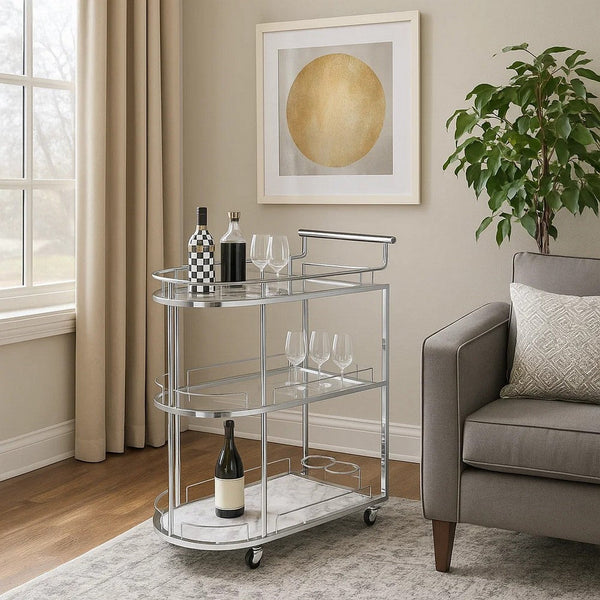 Serving Cart with Oval Shape and Metal Bar Handle, Silver - BM251324
