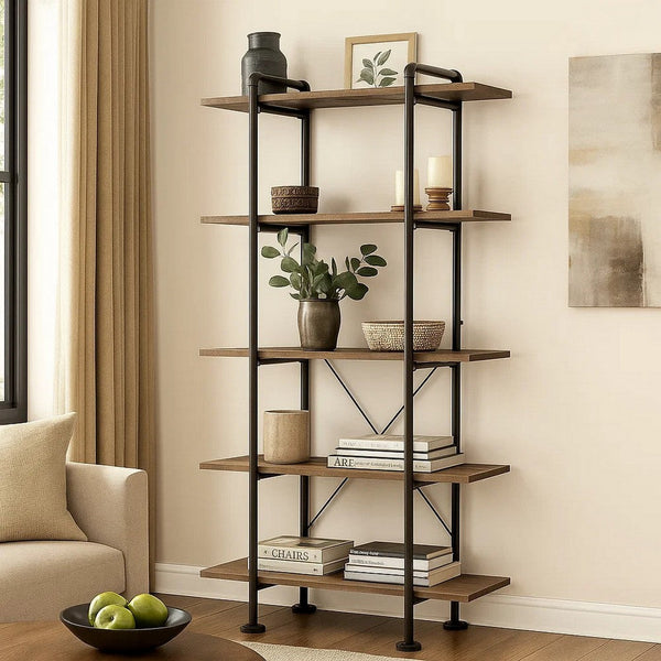Bookcase with Metal Pipe Design and 5 Tier Shelves, Brown - BM251325