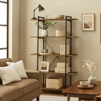Bookcase with Metal Pipe Design and 5 Tier Shelves, Brown - BM251325