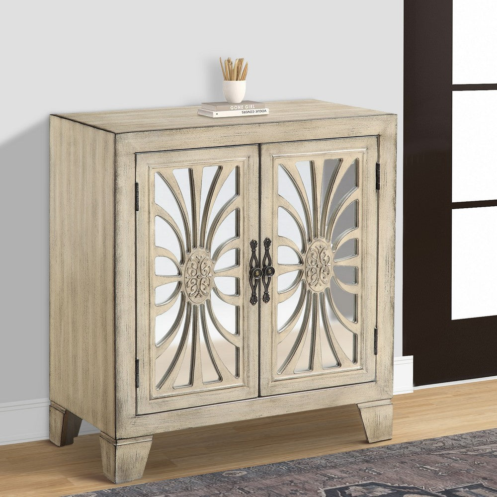 Console Table with 2 Glass Doors and Floral Motif, Antique White - BM251335