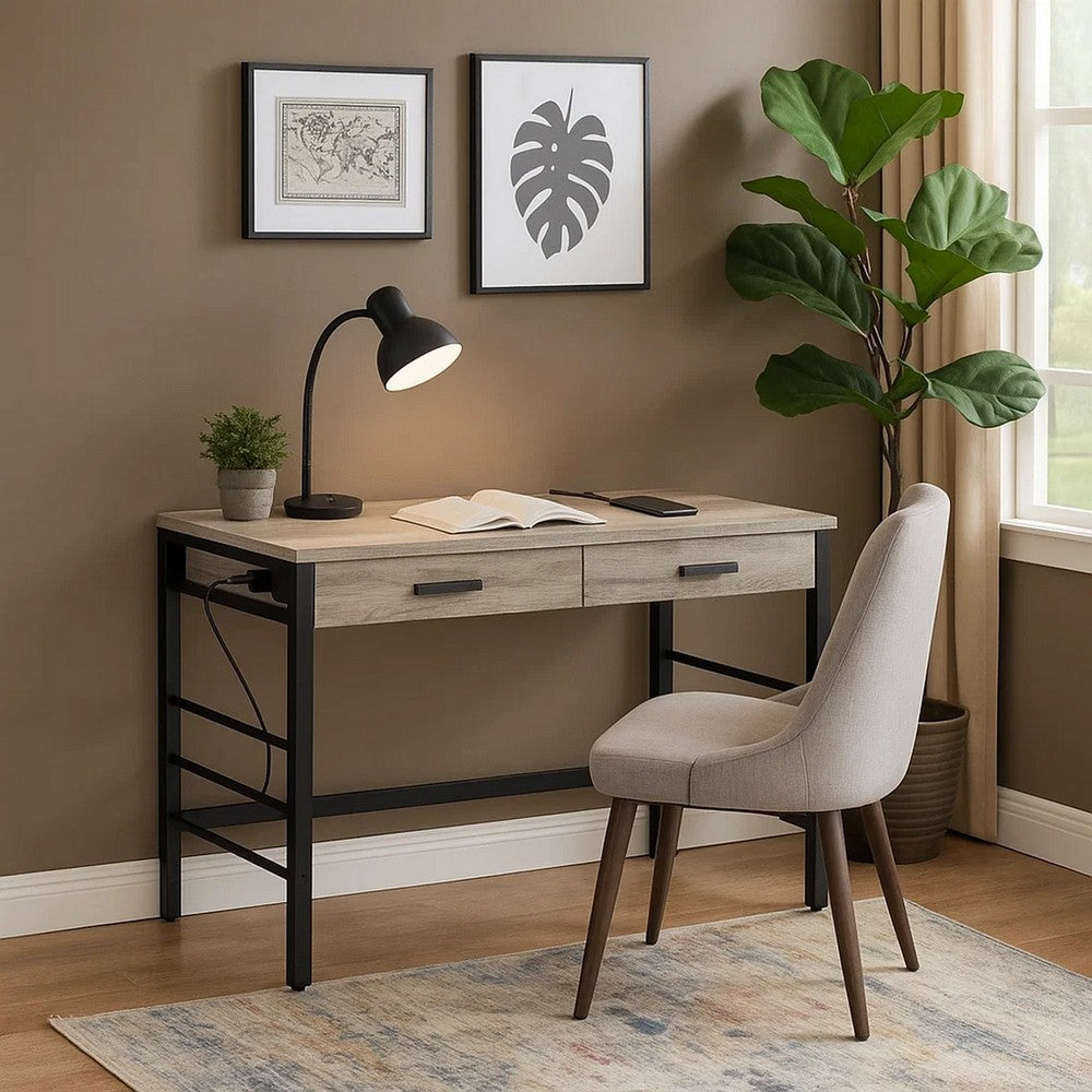 Built-in USB Port Writing Desk, Light Weathered Oak and Black - BM251343