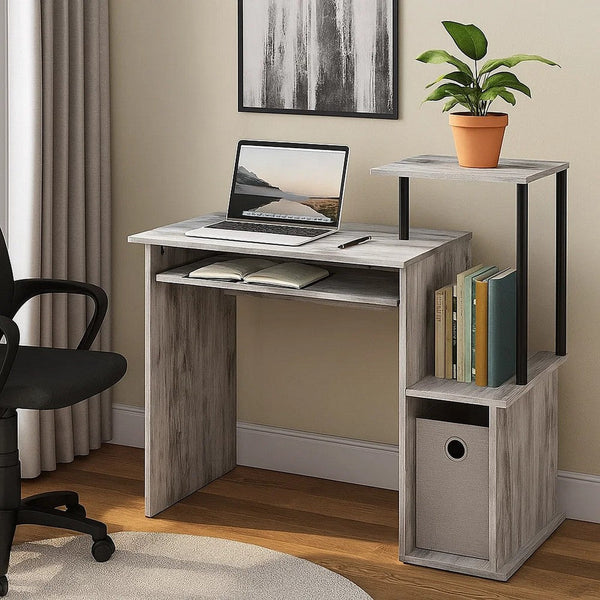 Computer Desk with Built In Bookshelf, Antique White and Black, Antique White and Black - BM251352