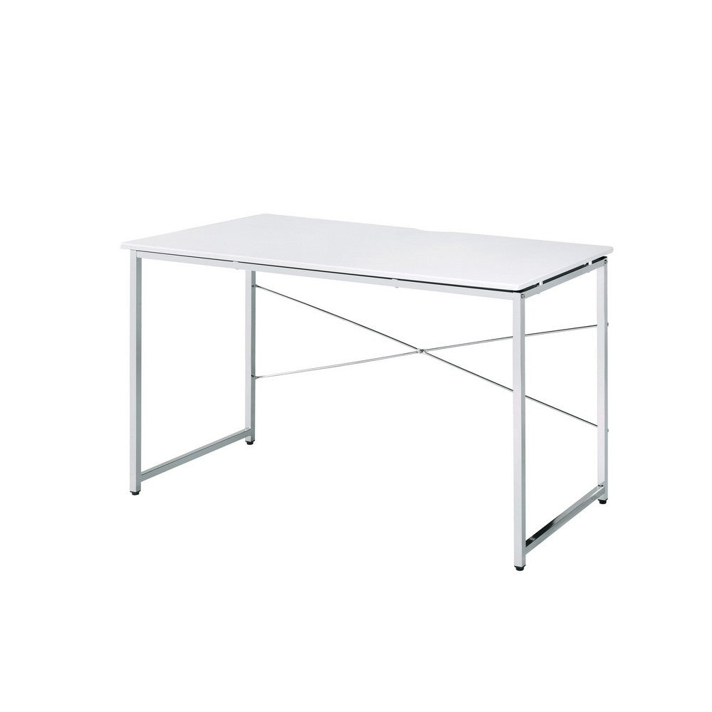Writing Desk with X Shaped Cross Bar and Chrome Finish, White - BM251367